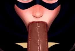 batman (series) dc comics batgirl incase uncensored animated animated gif :>= assertive bat symbol blue eyes bodysuit cape costume deepthroat fellatio large penis looking at viewer mask oral penis pov of viewer superheroine